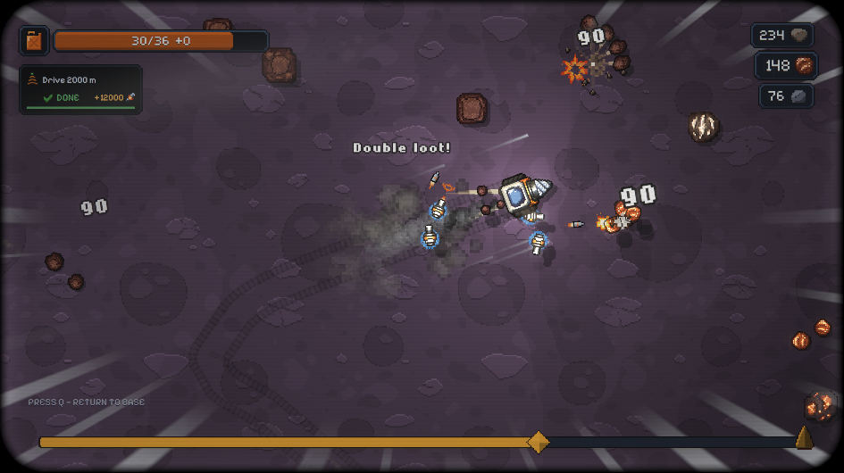 A mining rig drives through rocks while its tools break ore deposits, leaving tracks and dust.